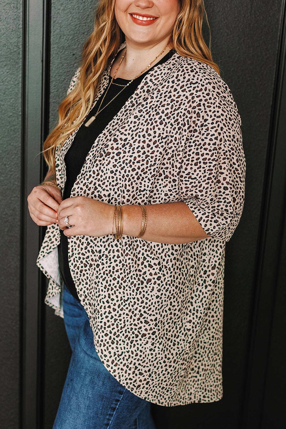 Khaki Plus Size Leopard Print Half-Sleeve Open-Front Cardigan