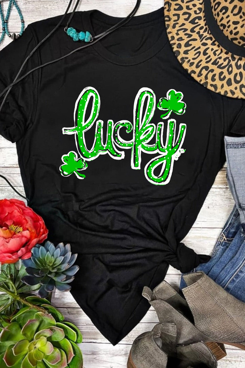 Black St. Patricks Lucky Clover Print O Neck T-Shirt