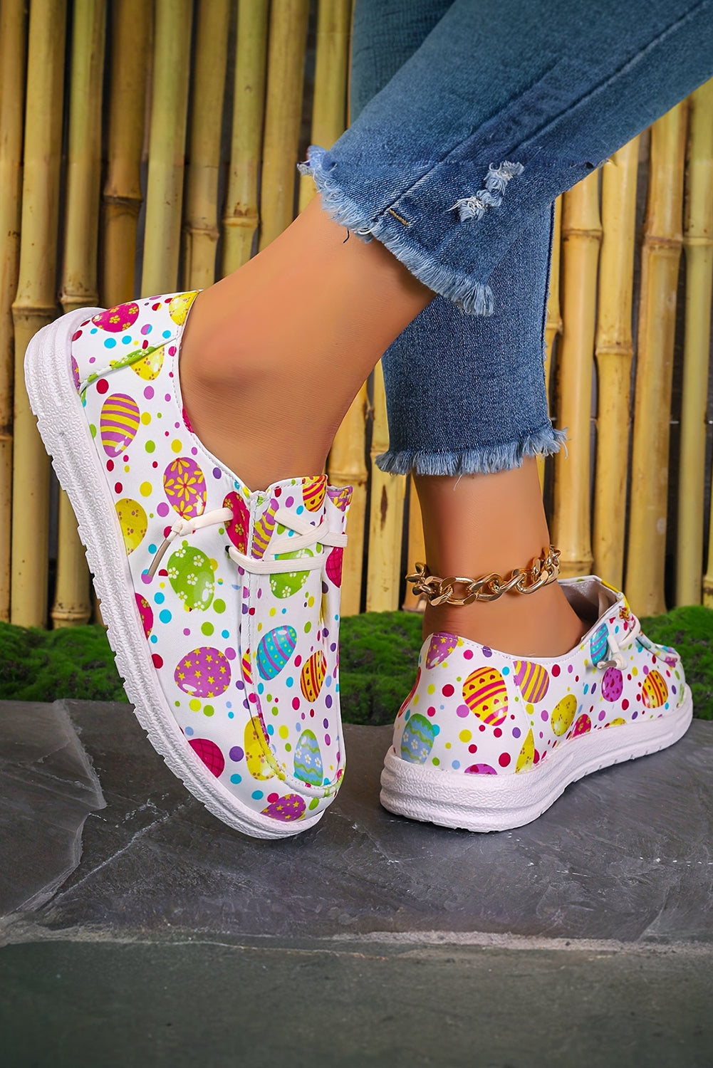 Easter Eggs Printed Square Toe Slip-On Canvas Flats