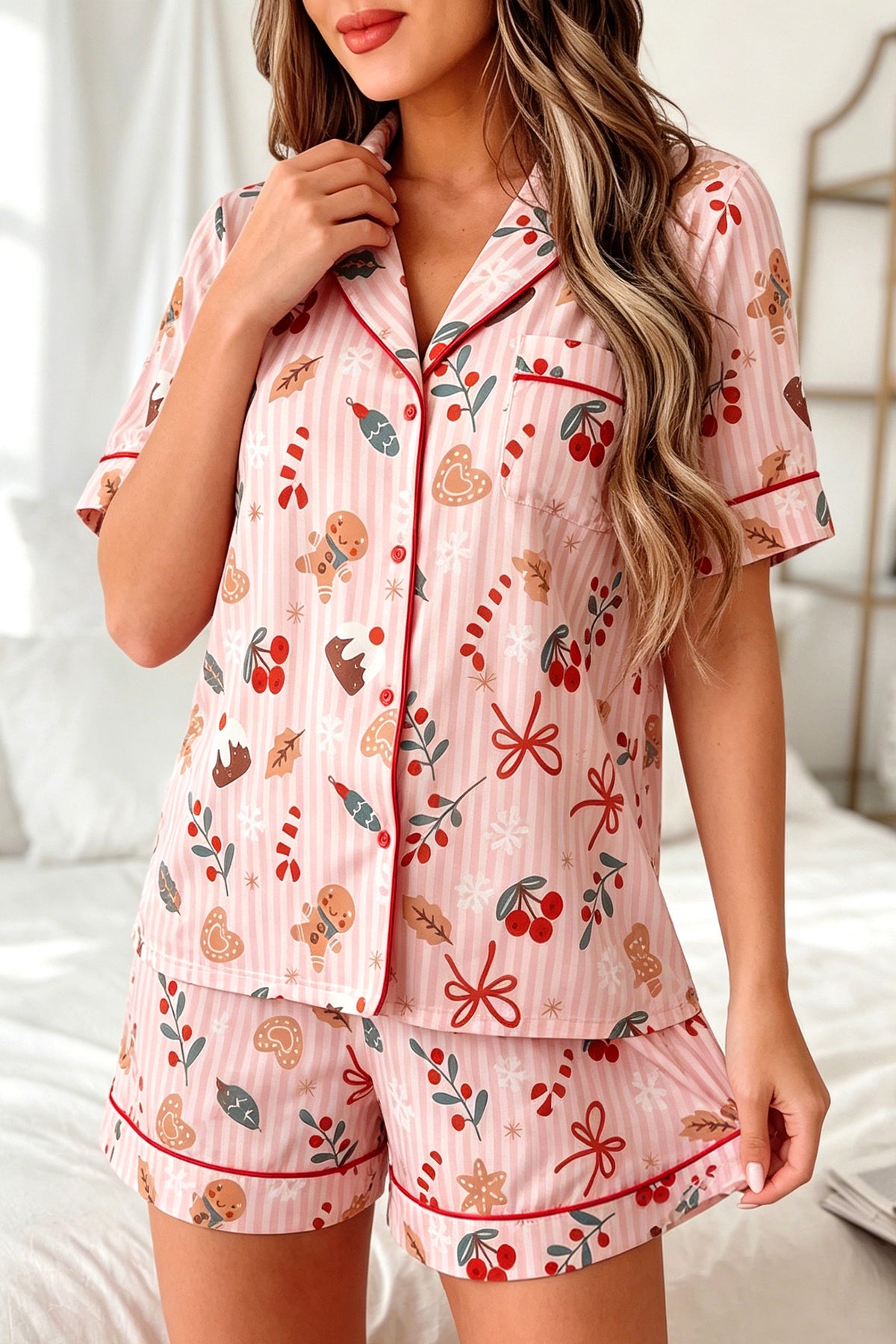 Pink Abstract Christmas Print Short Sleeve Lounge Set
