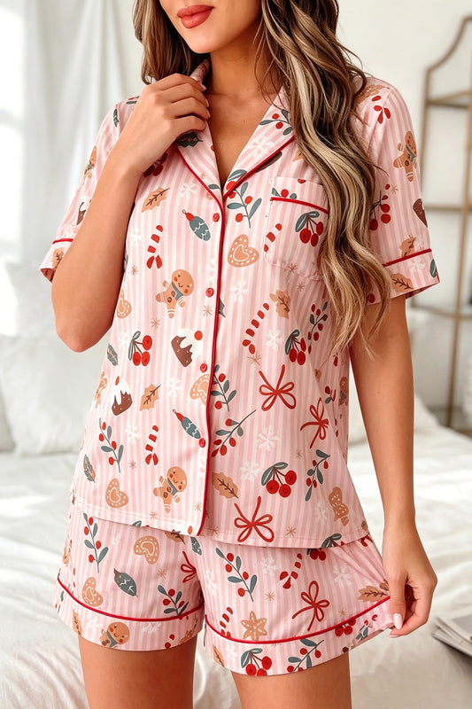 Pink Abstract Christmas Print Short Sleeve Lounge Set