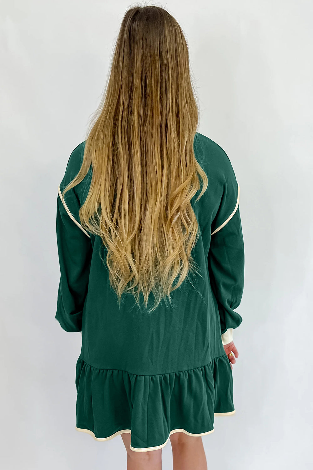 Evergreen Zip Collar Long Sleeve Ruffle Hem Mini Dress