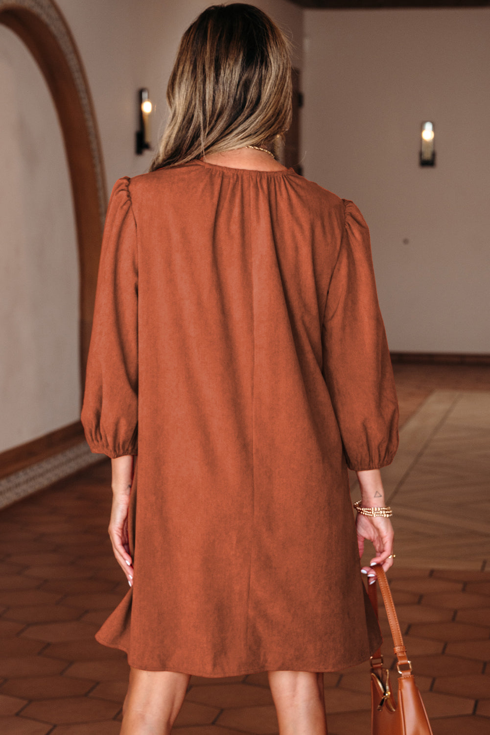 Cinnamon Bracelet Sleeve Split Neck Scallop Pleated Corduroy Mini Dress