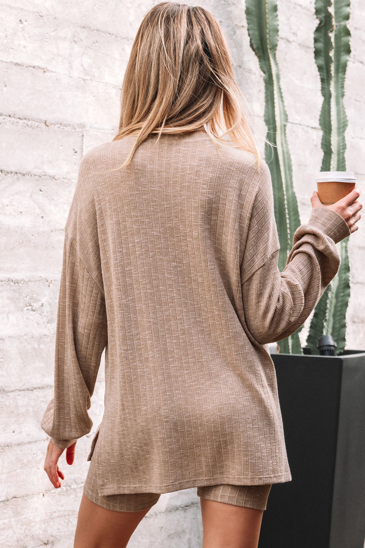 Women's Dark Khaki Ribbed Balloon Sleeve Pullover Top & Biker Knitted Shorts Two-Piece Set