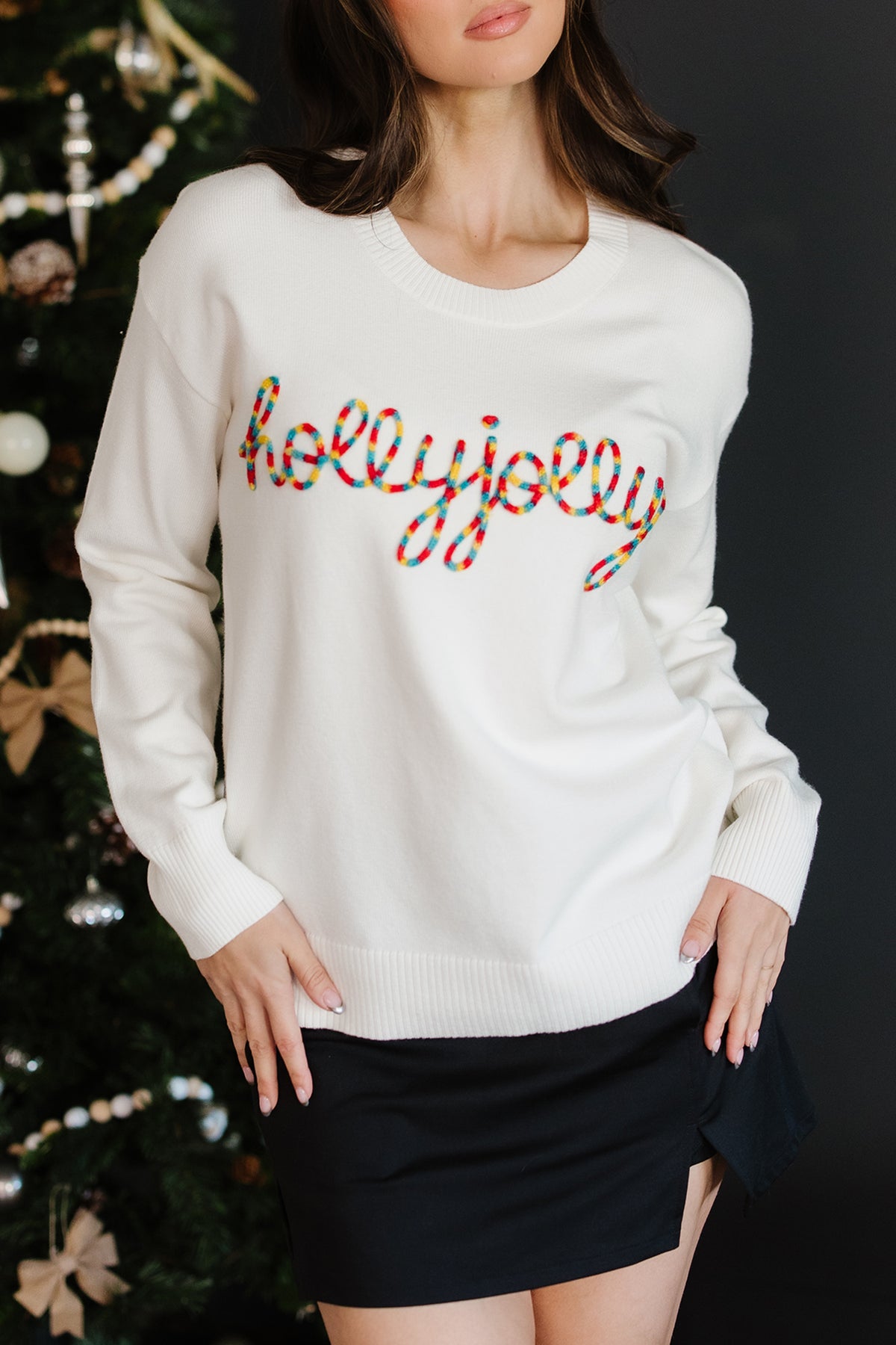 Beige Colorful Holly Jolly Christmas Knit Loose Sweater