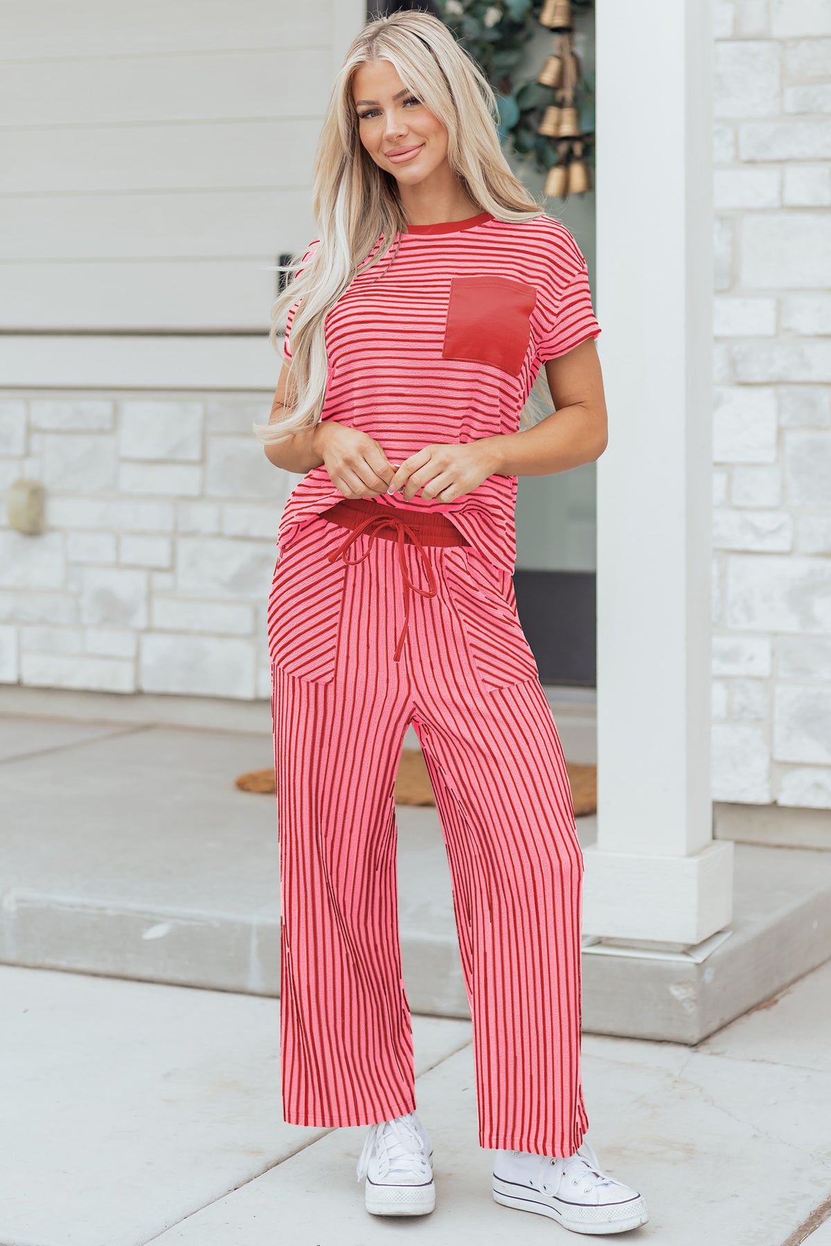 Women's Green Stripe Crewneck Tee Waist Cropped Pants Set