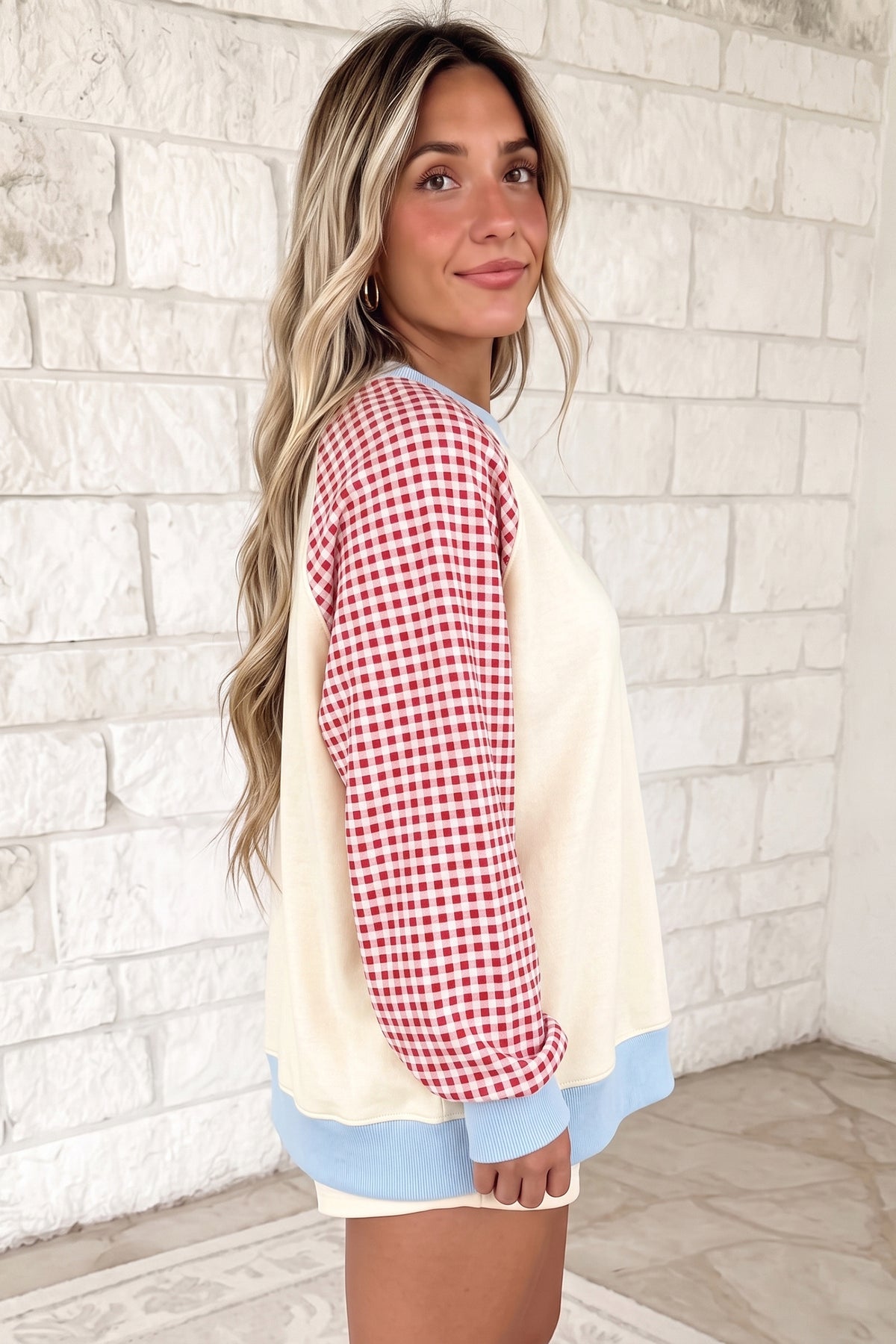 Beige Plaid Sleeve Colorblock Raglan Sweatshirt