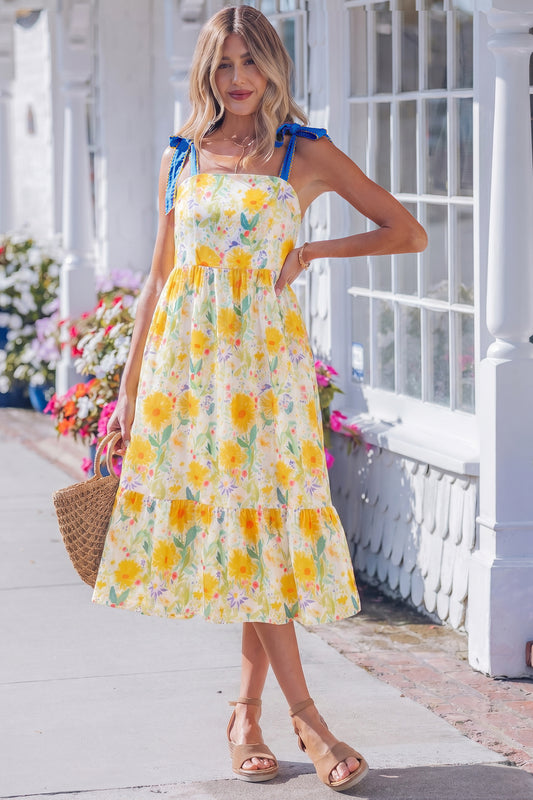 Yellow Floral Print Contrast Stitched Denim Straps High Waist Dress