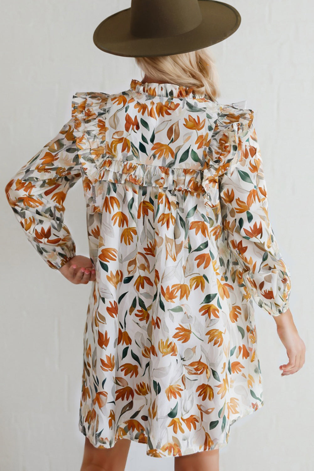 Yellow Floral Print Tie Neck Detail Long Sleeve Mini Dress