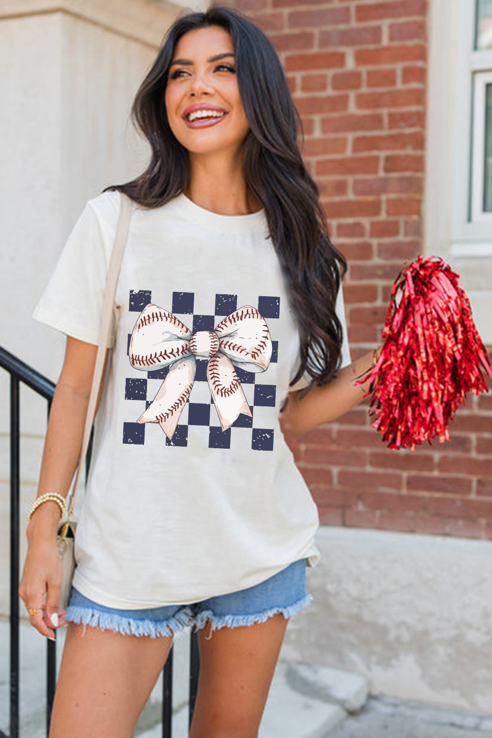 White Checkered Rugby Bowknot Graphic Crew T-Shirt