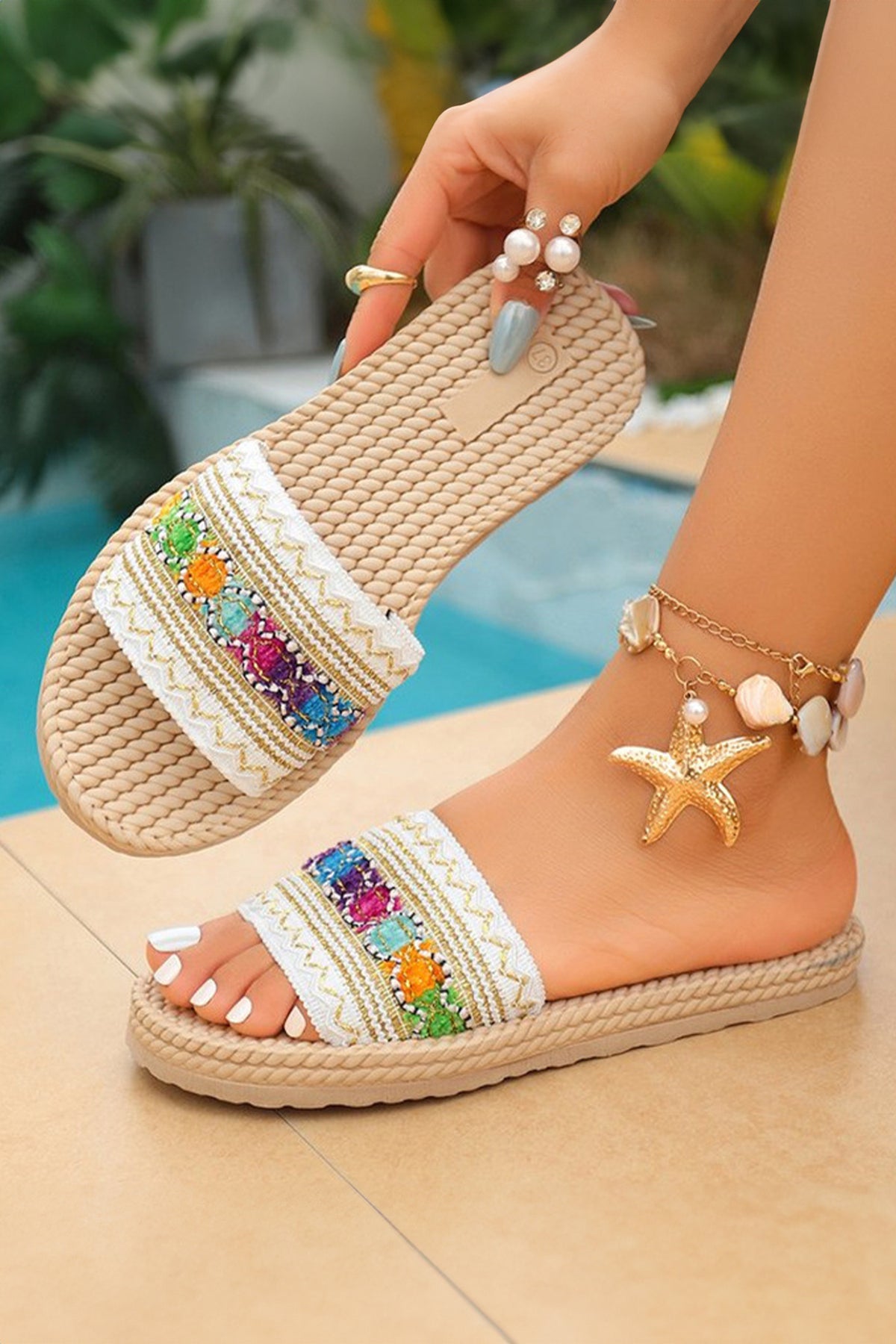 Parchment Bohemian Vacation Woven Colorful Wide Band Sandals