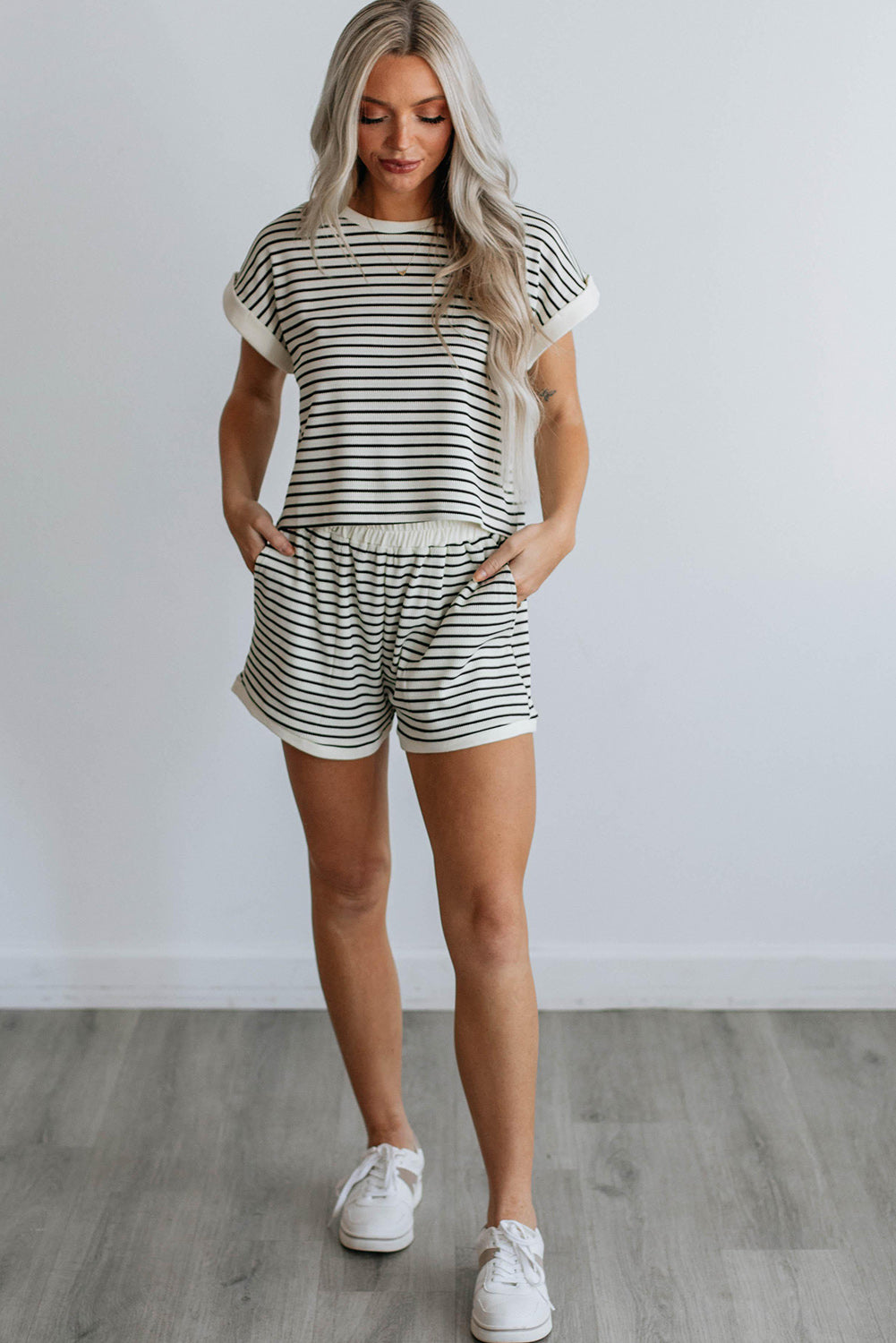 Women's White Stripe Contrast Edge Tee and Shorts Set