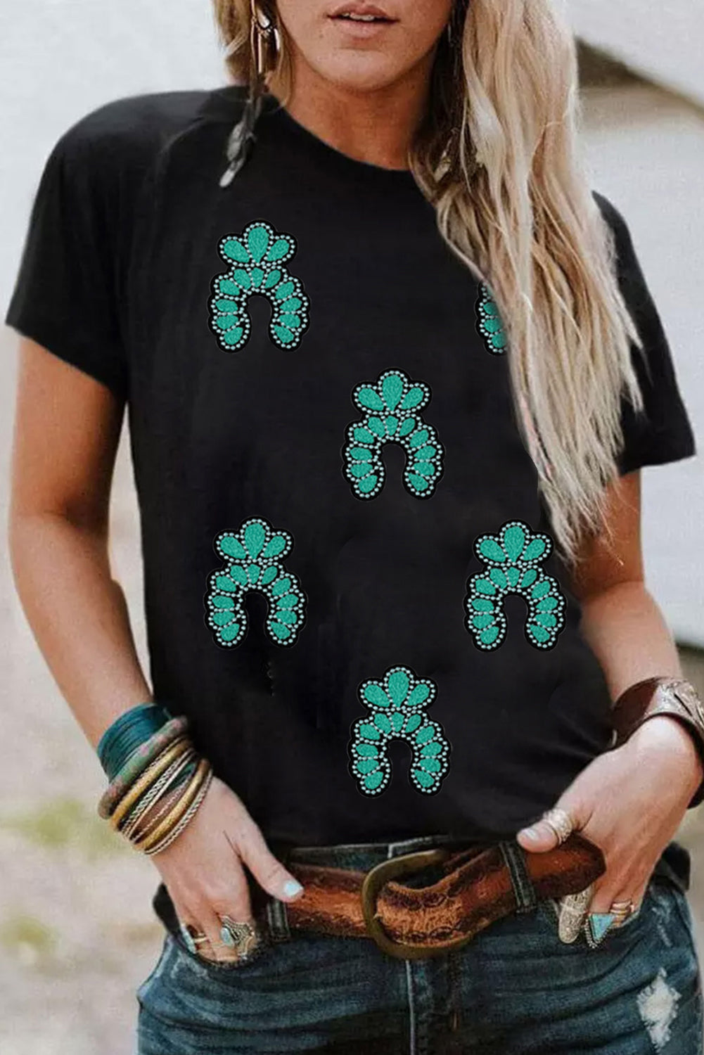 Black Western Turquoise Pattern Sequin Patched T-Shirt