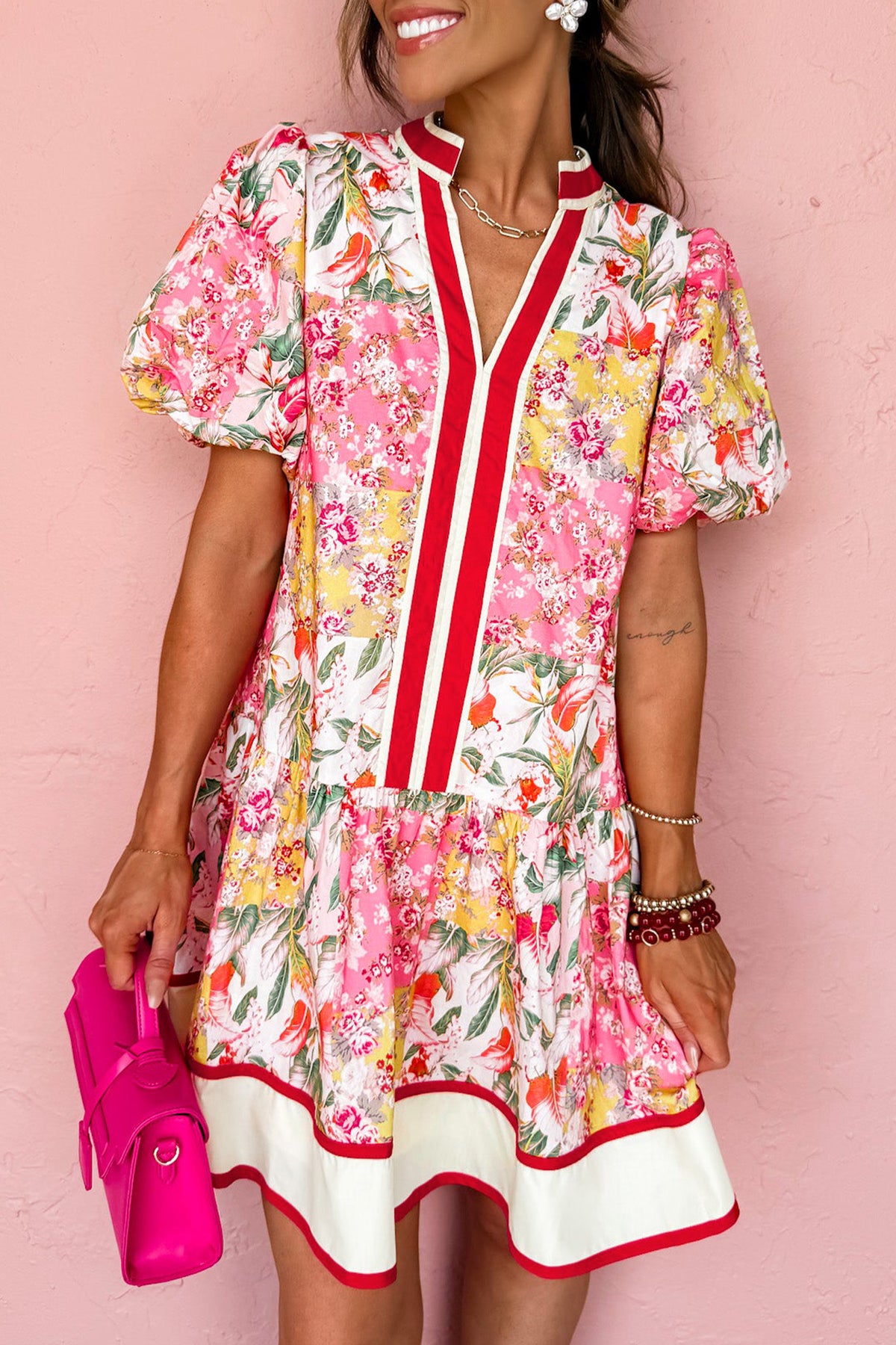 Pink Floral Ruffle V-Neck Mini Dress