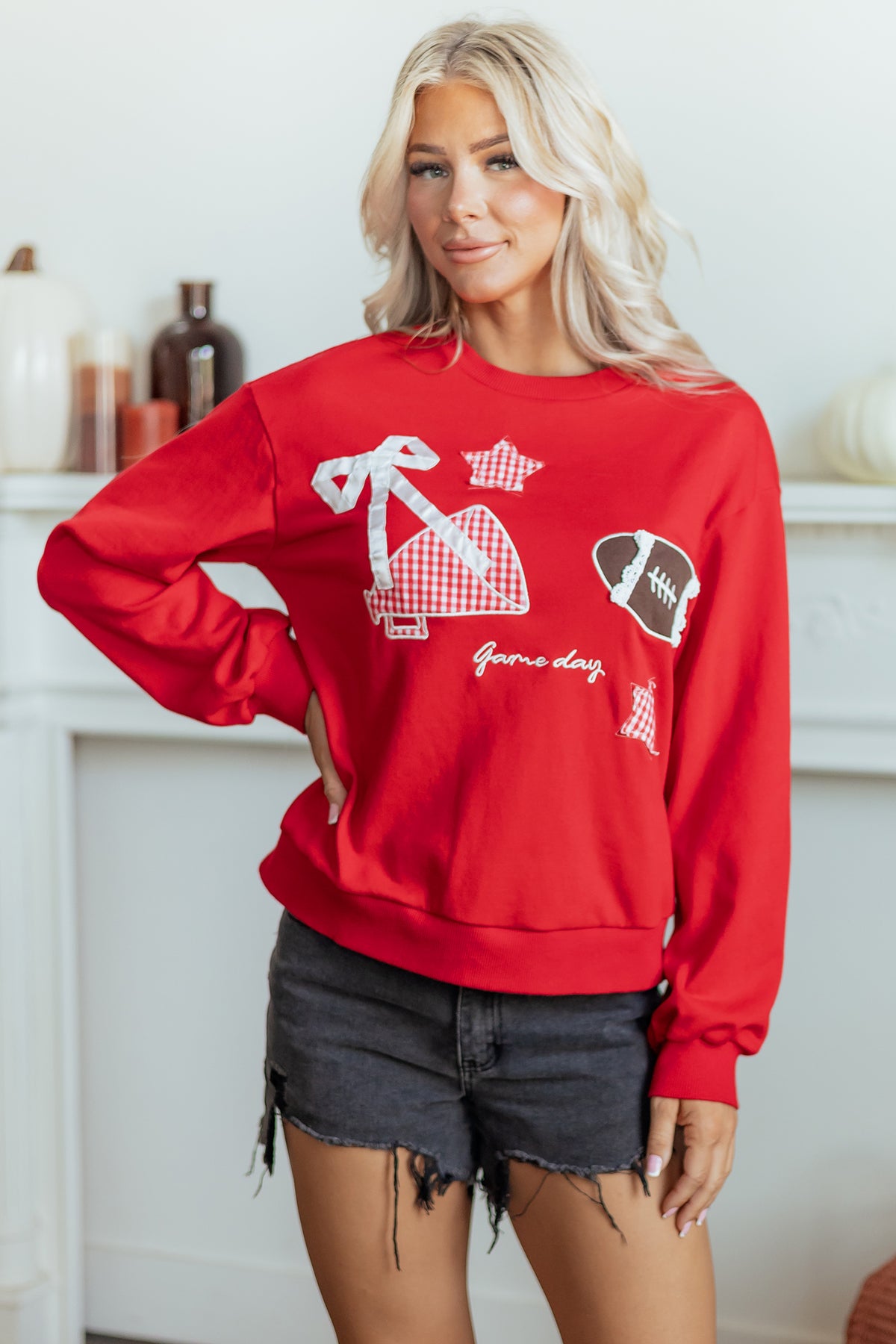 Racing Red Gingham Patch Embroidered Rugby Sweatshirt