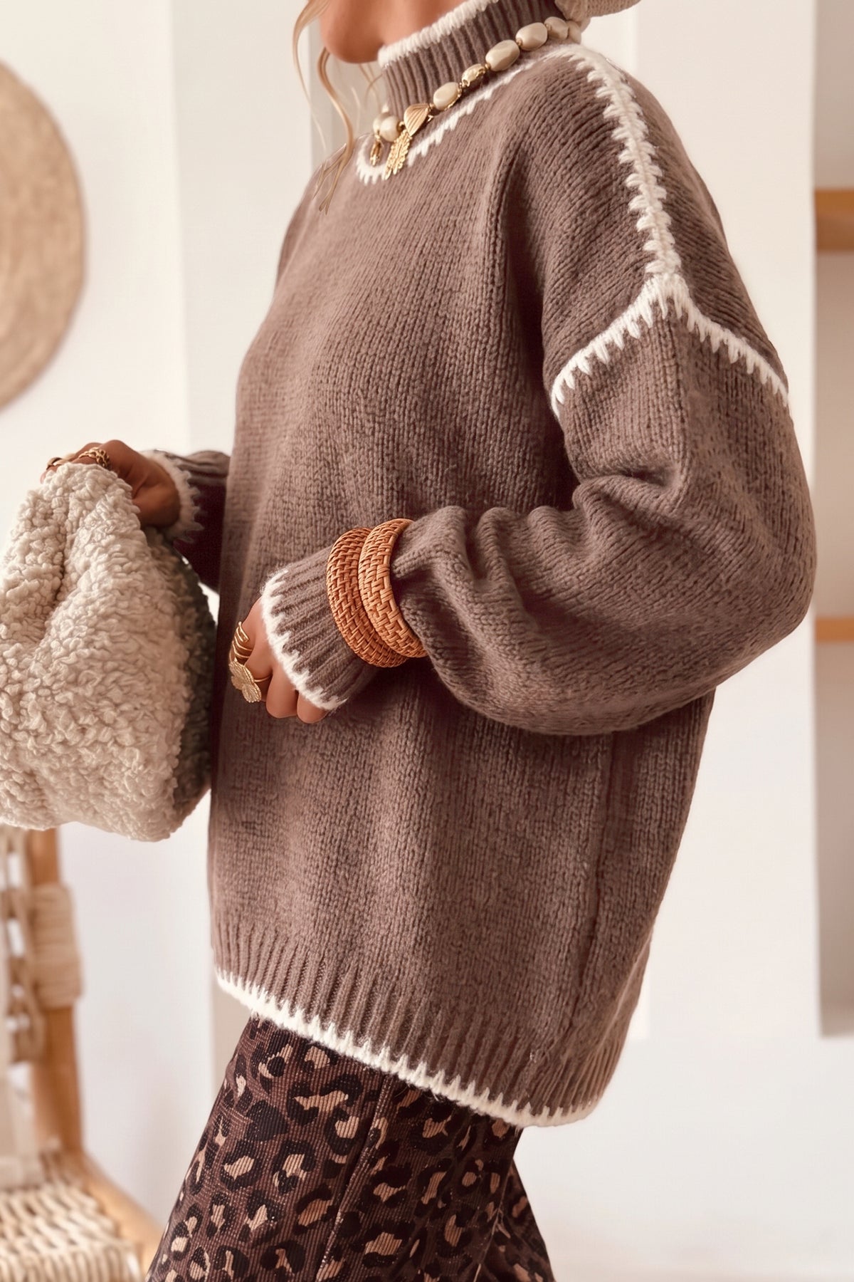 Coffee Contrast Trim Mock Neck Drop Shoulder Sweater