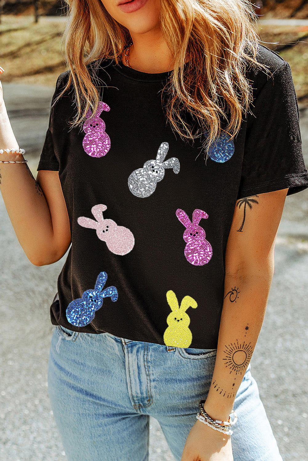 Black Sequin Bunny Doll Graphic Easter Day T-Shirt