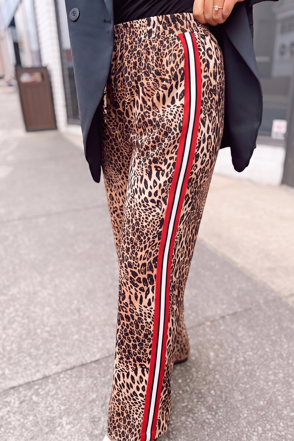Khaki Leopard Print Color-Block Side Stripes Wide-Leg Full-Length Plus Size Pants