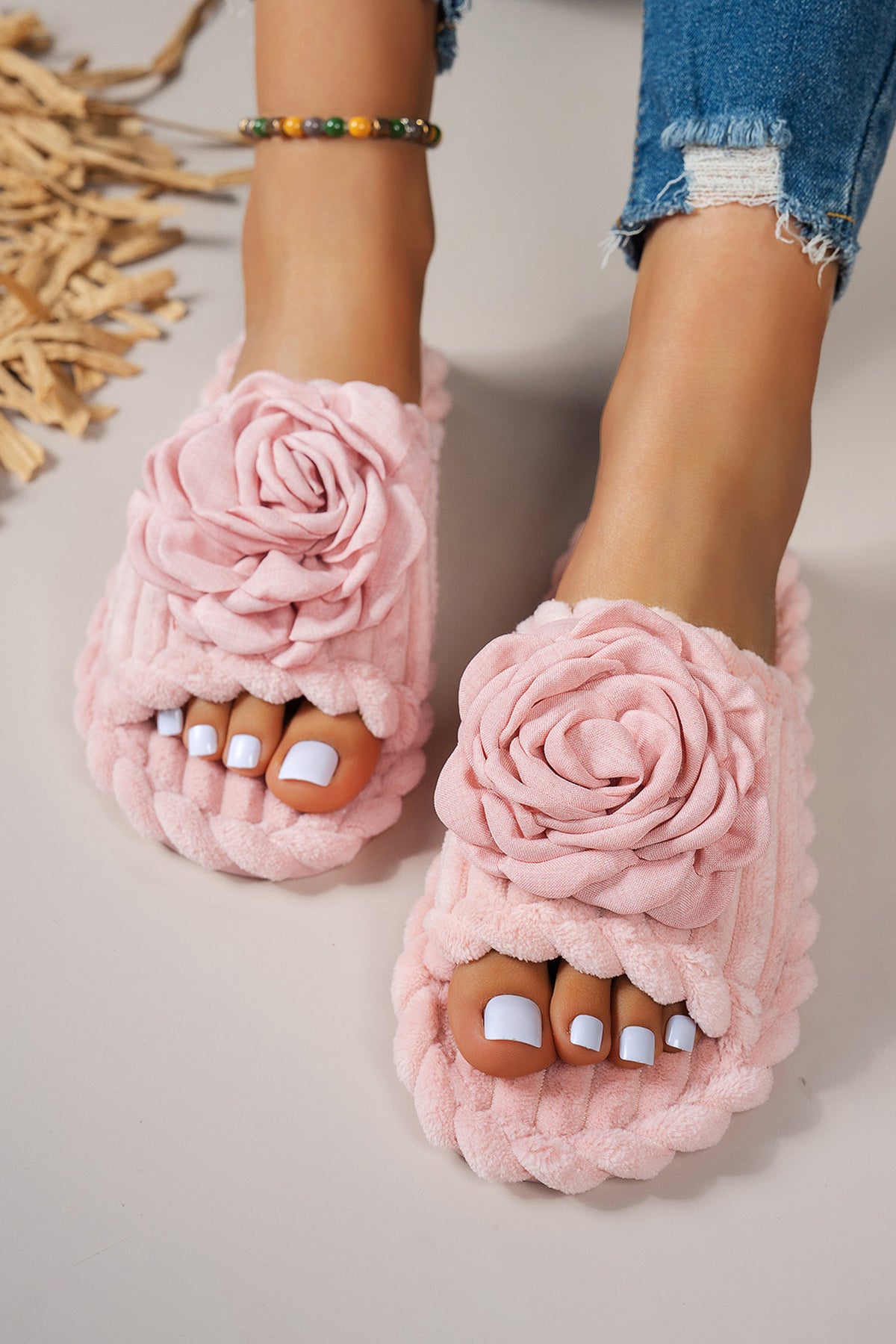 Pink 3D Flower Accent Corded Ribbed Open-Toe Sandals