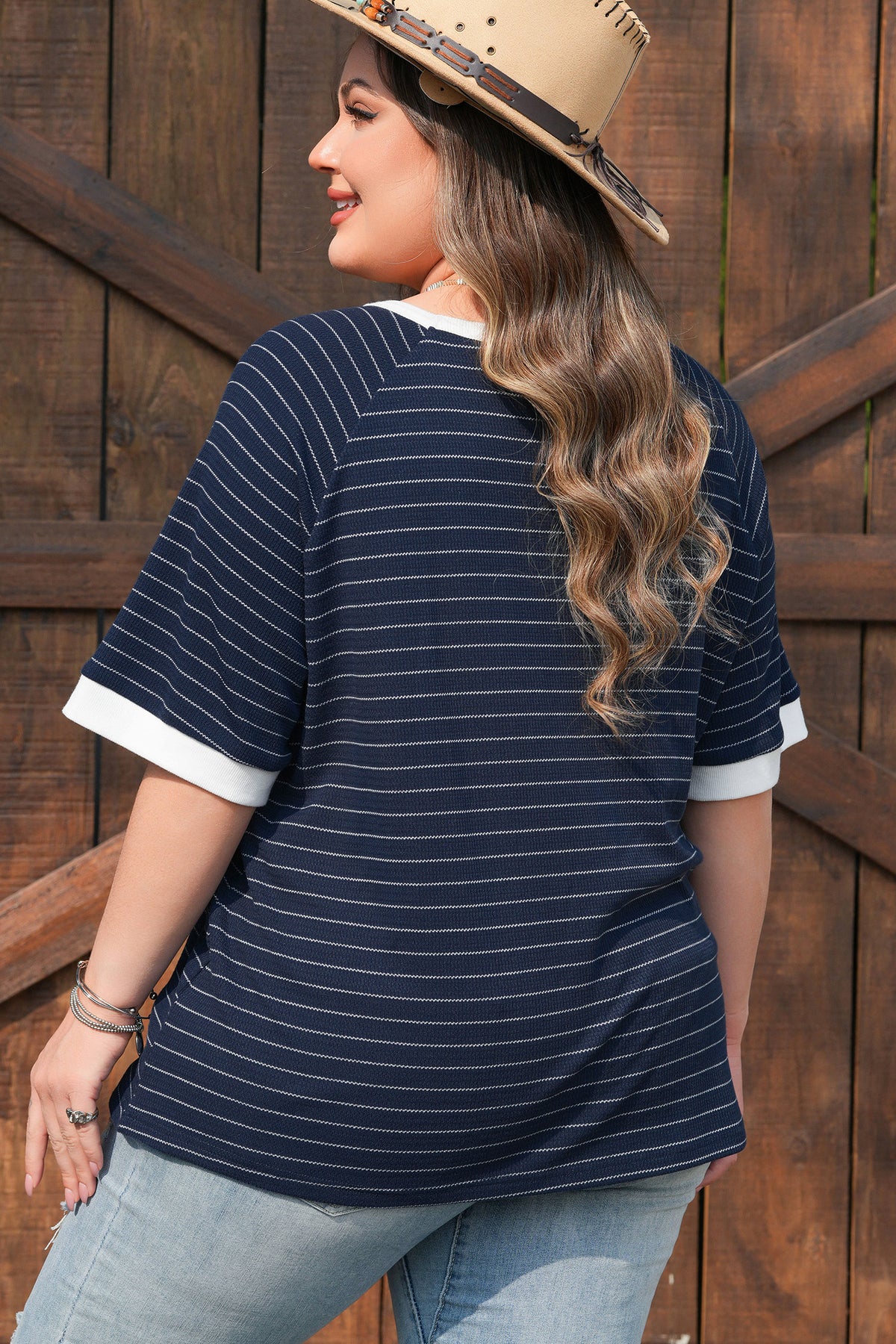 Blue Stripe Contrast Trim Plus Size Ribbed T-Shirt