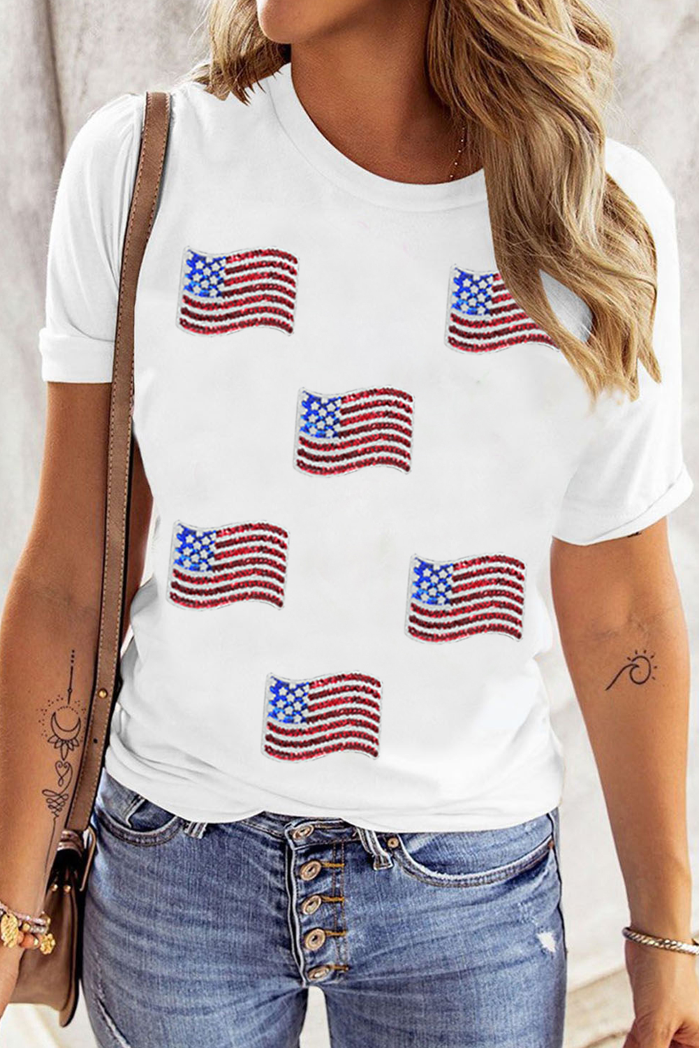 White Sequin American Flag Patched Casual T-Shirt