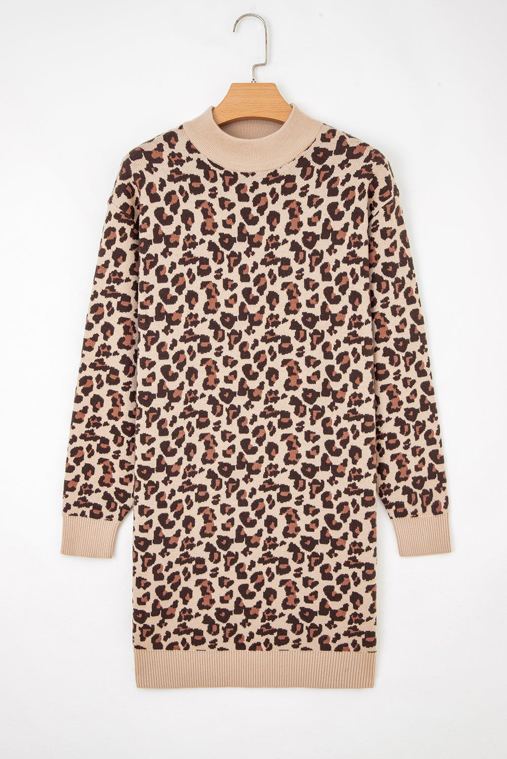 Khaki Leopard Print High Neck Shift Mini Sweater Dress