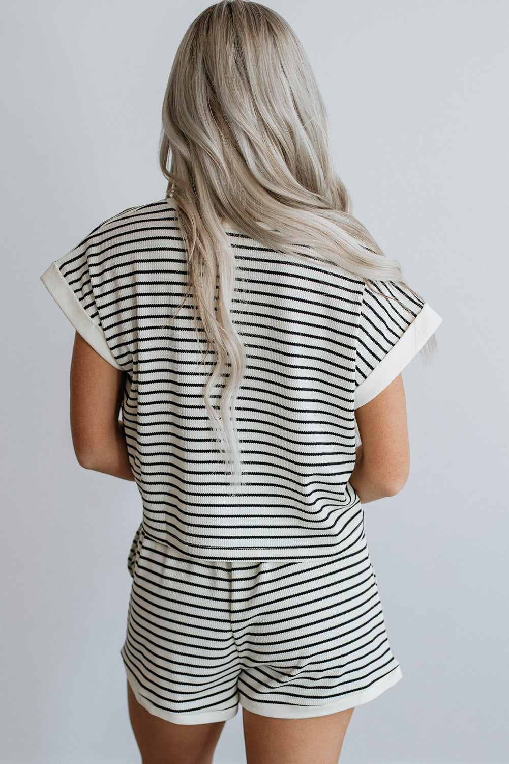 Women's White Stripe Contrast Edge Tee and Shorts Set