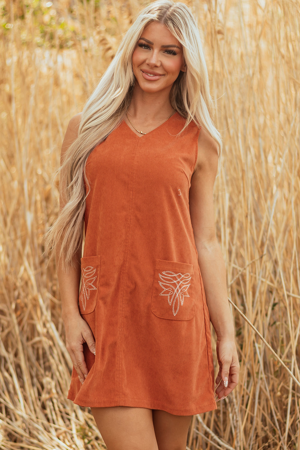 Gold Flame Corduroy Western Embroidered Sleeveless Mini Dress