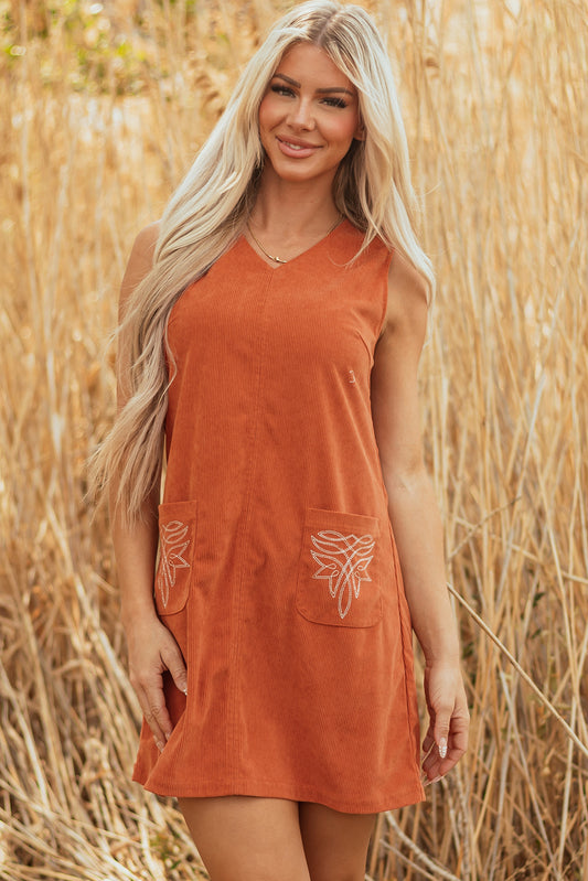 Gold Flame Corduroy Western Embroidered Sleeveless Mini Dress