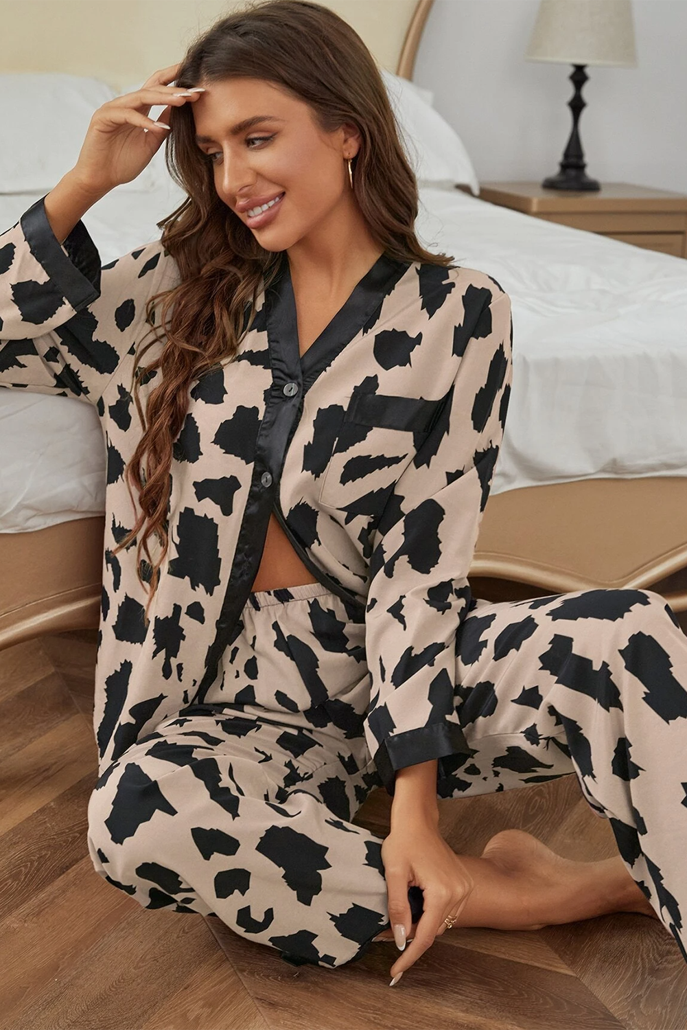Khaki Cheetah Contrast Trim Loose Fit Pajama Set
