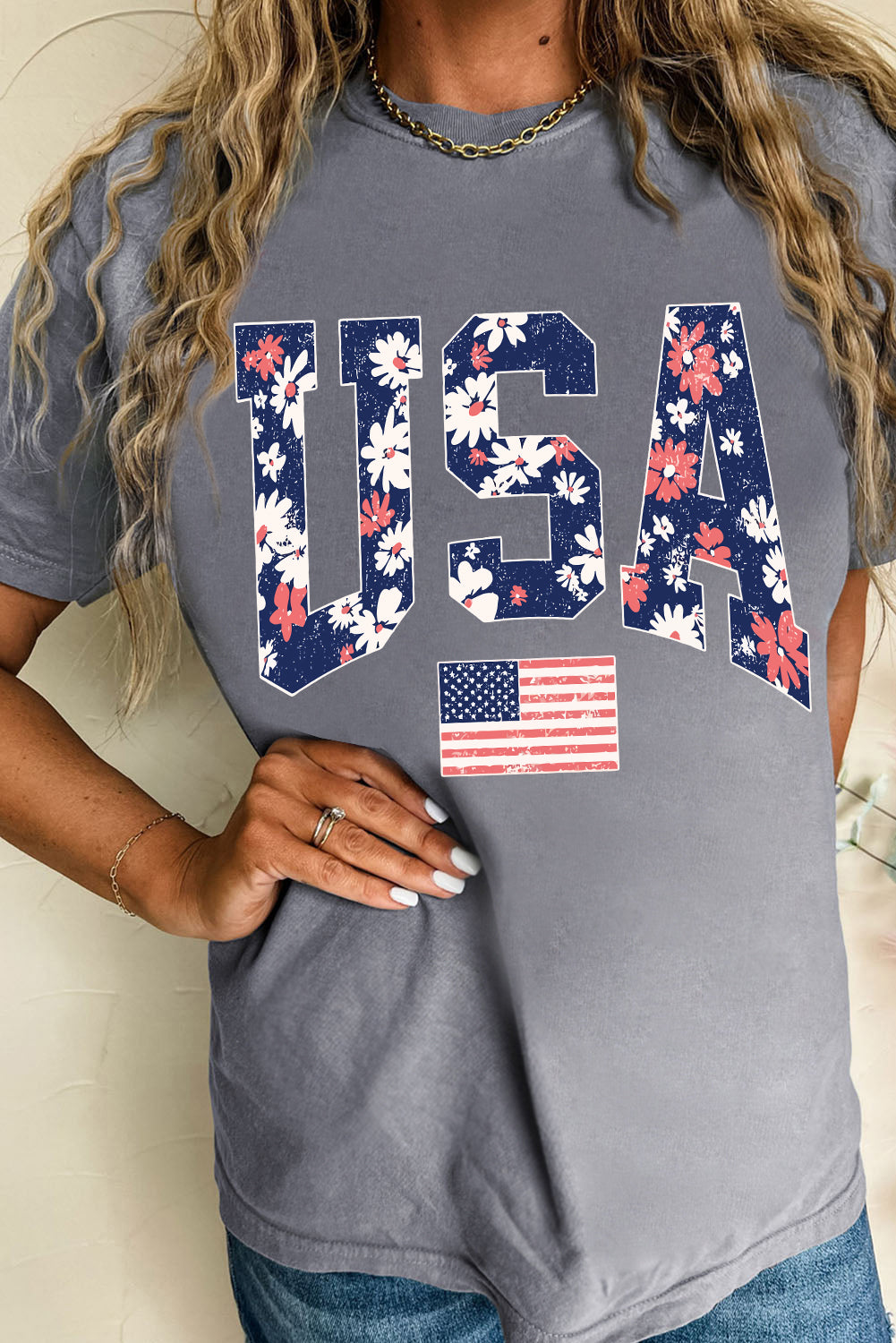 Gray Blooming USA Flag Print Casual T-Shirt