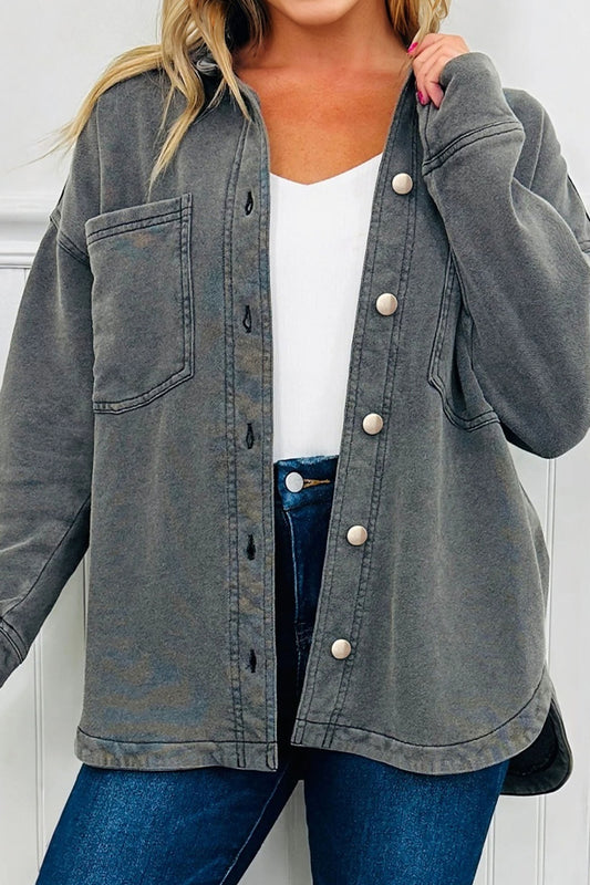 Medium Grey Mineral Wash Chest Pockets Shacket with Side Slit