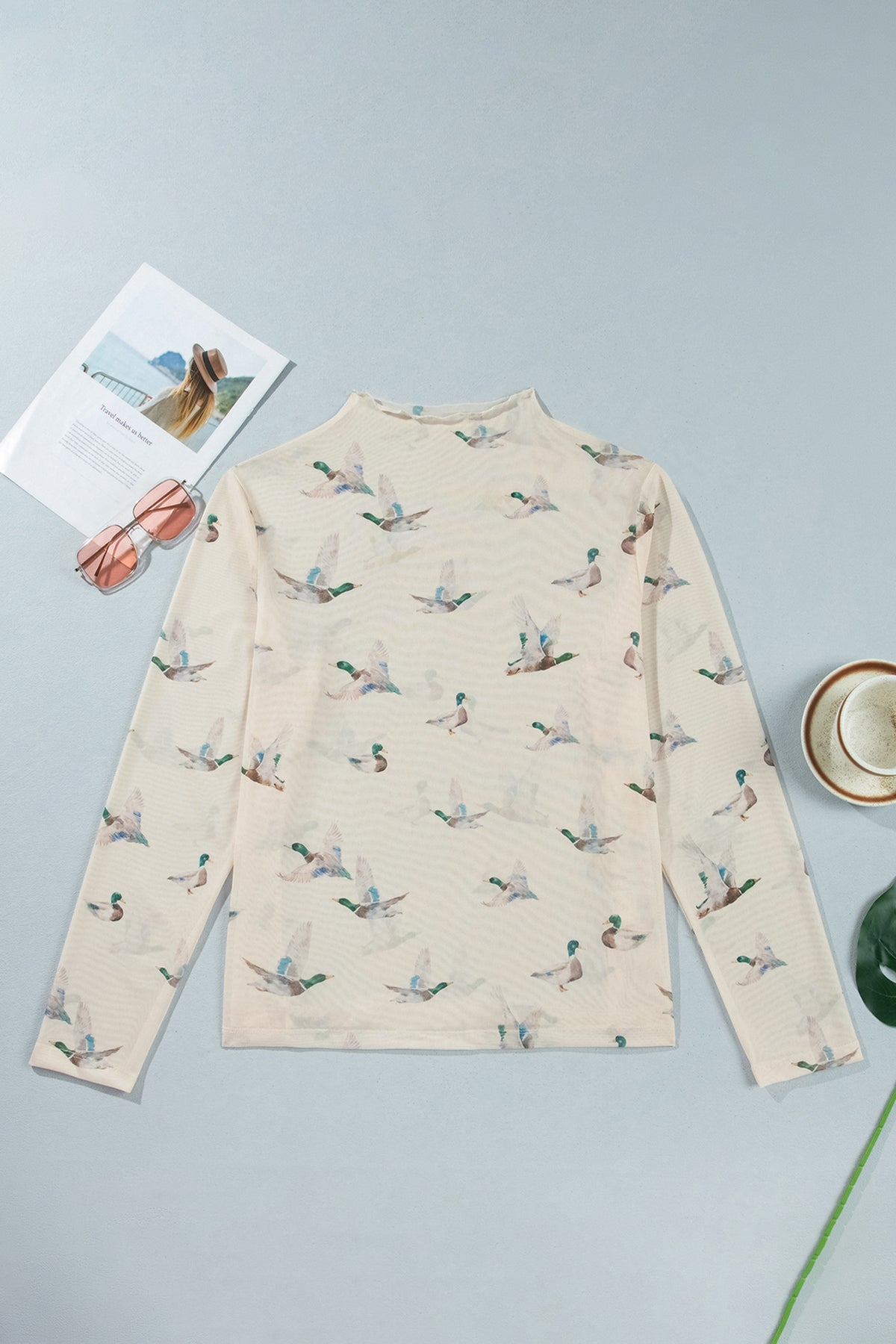 Beige Mesh Duck Print Tunic Long-Sleeve Plus Size Blouse