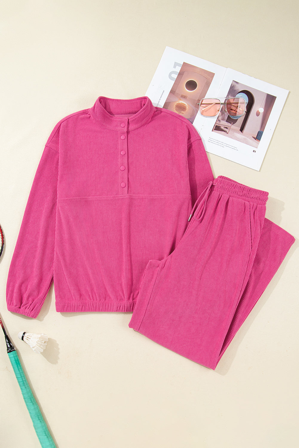 Women's Peach Blossom Half Button Pullover Pants Corduroy Two-Piece Outfit Set