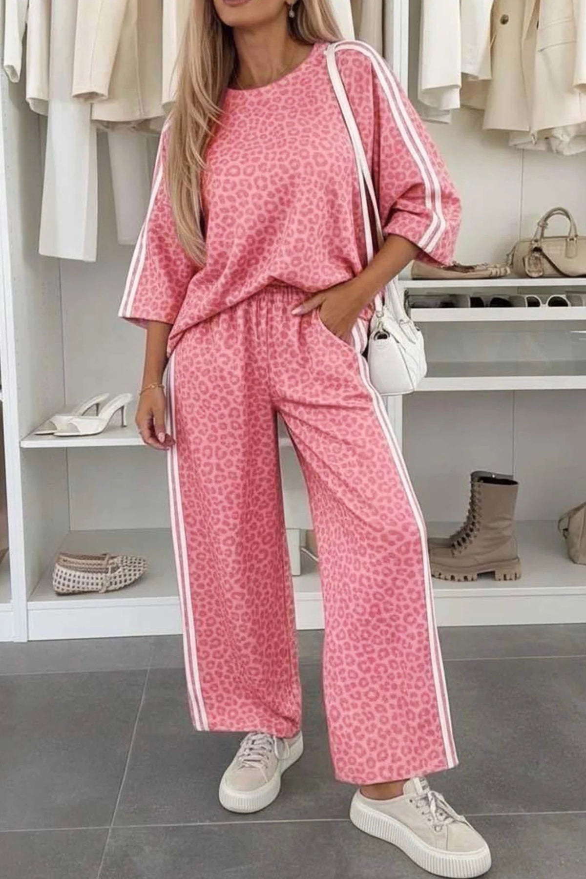 Women's Gray Leopard Print Varsity Striped Detail 3/4 Sleeve Top Shift Pants Set