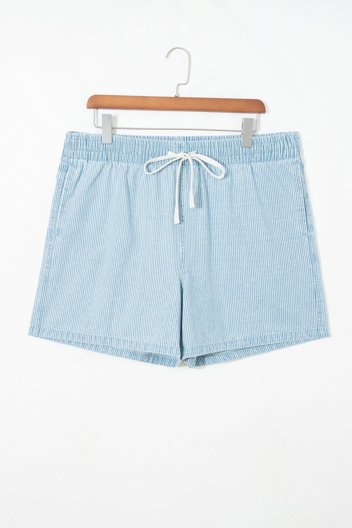 Sky Blue Stripe Plus Size Contrast Drawstring Elastic-Waist Denim Shorts