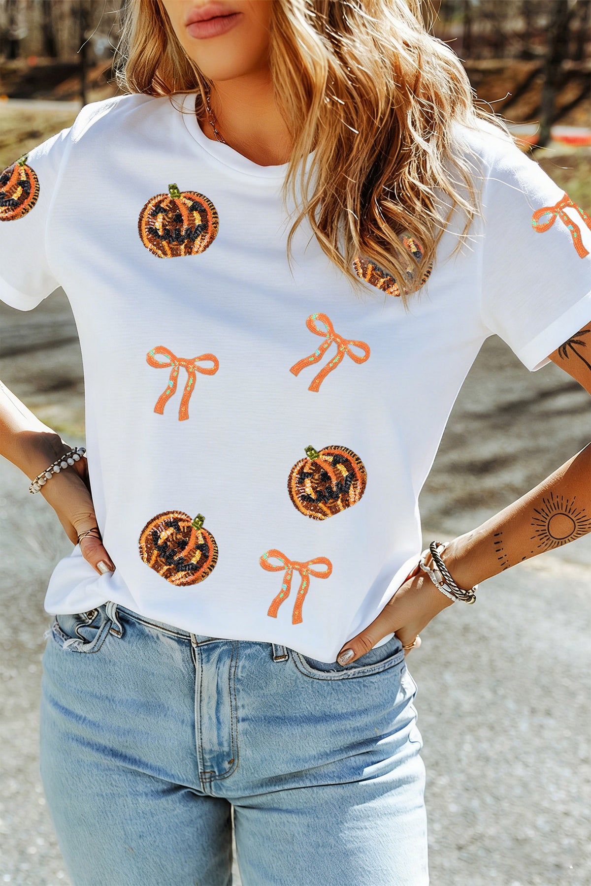 White Sequin Pumpkin Face Bow Halloween Graphic T-Shirt