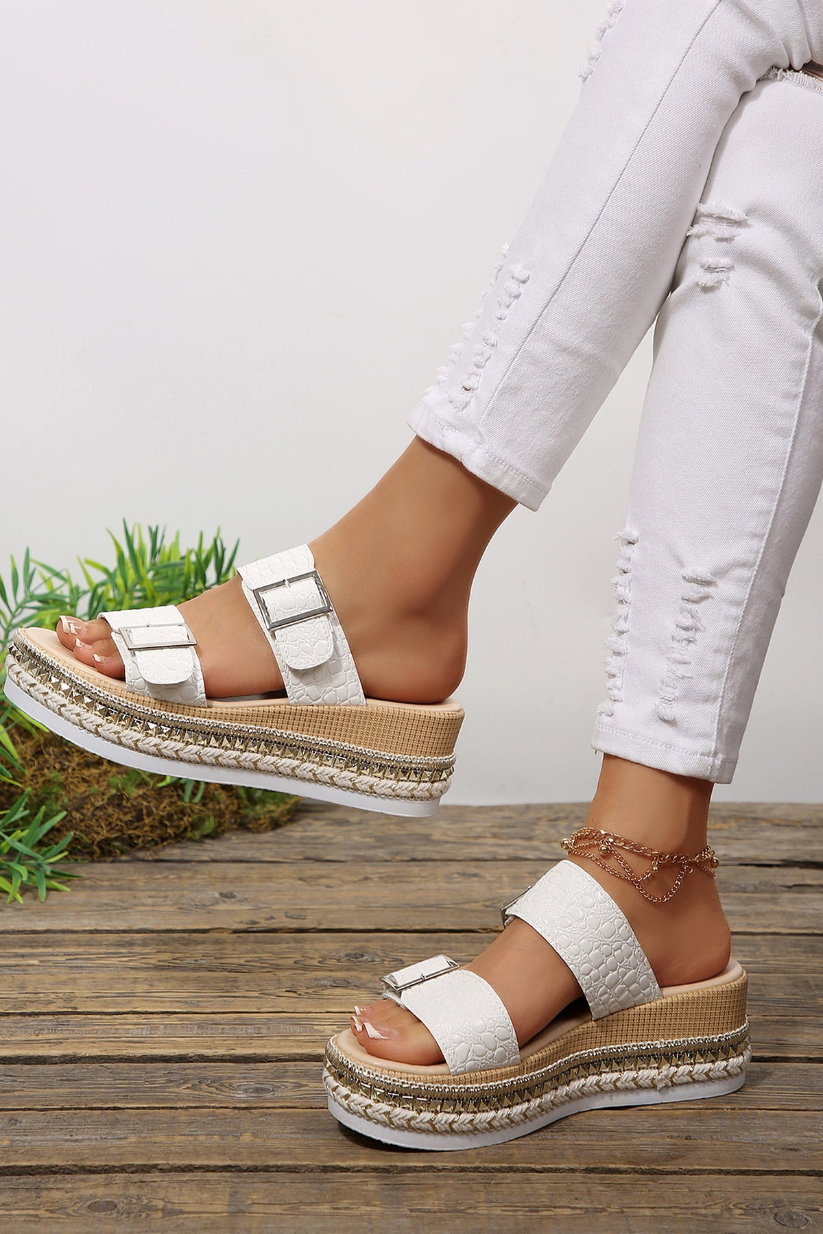 White Metallic Textured PU Leather Wedge Sandals
