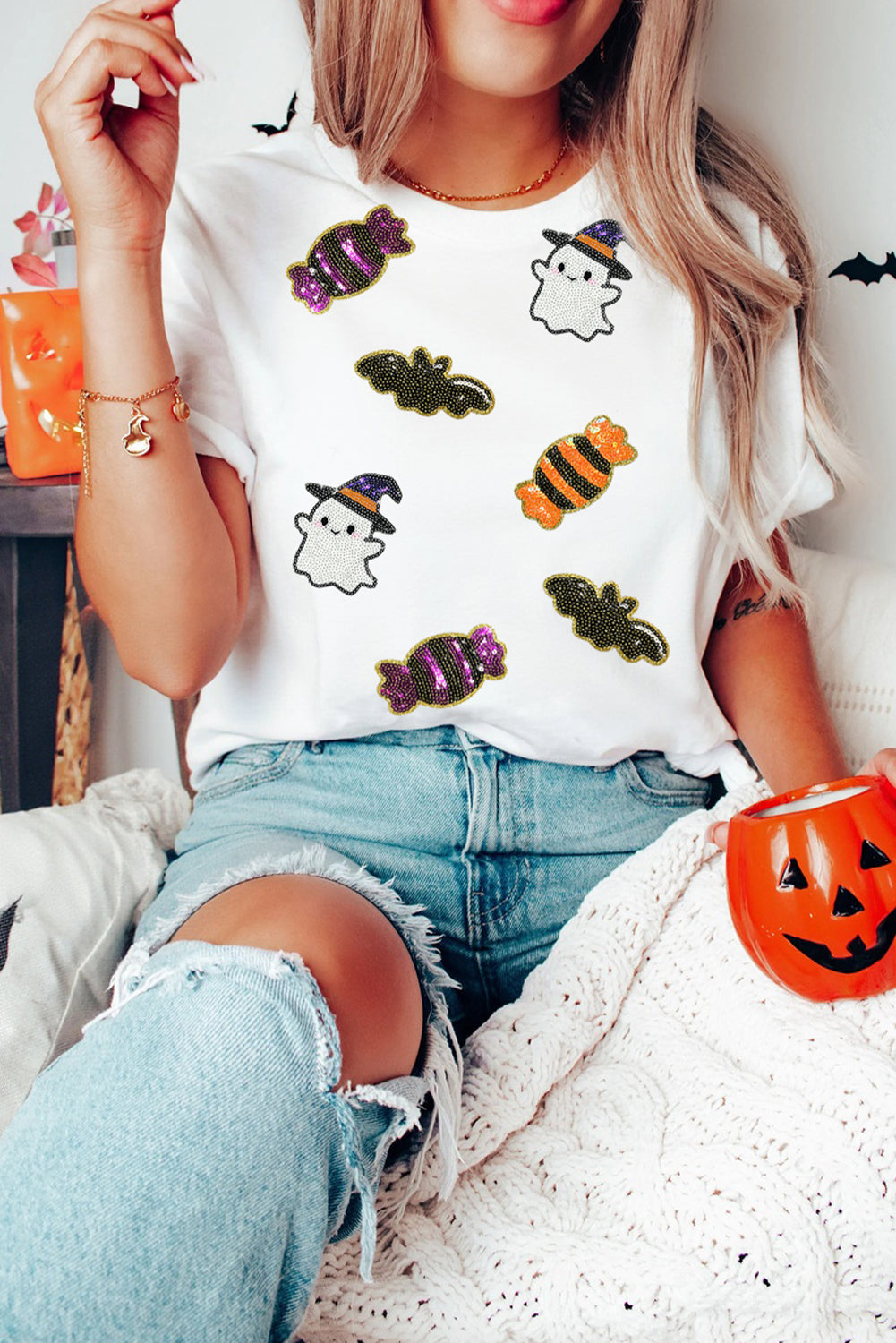 White Sequined Halloween Spirit Pattern Patched Custom Casual Tee