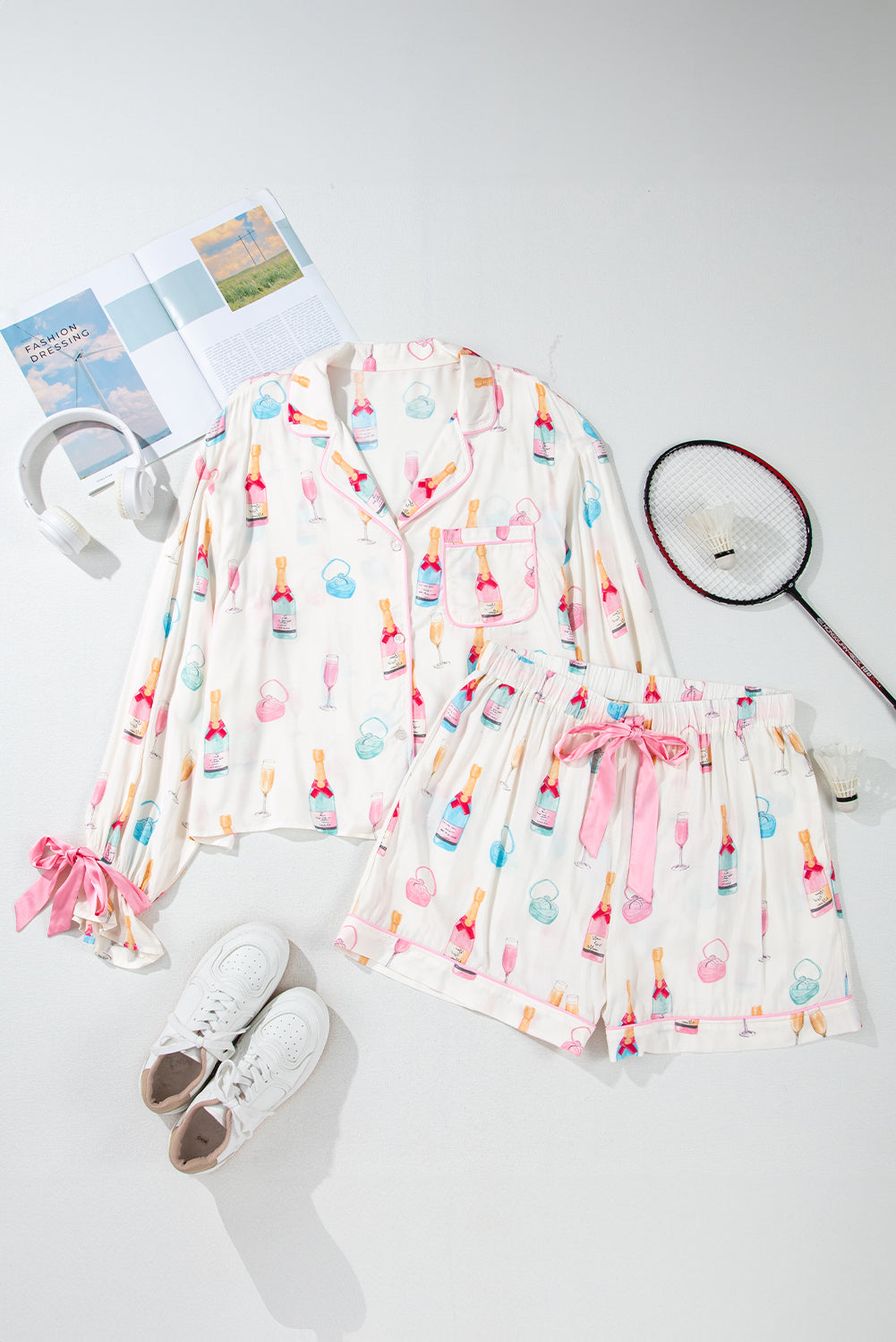 White Plus Size Wine Glass Print Bow-Knot Pajama Set