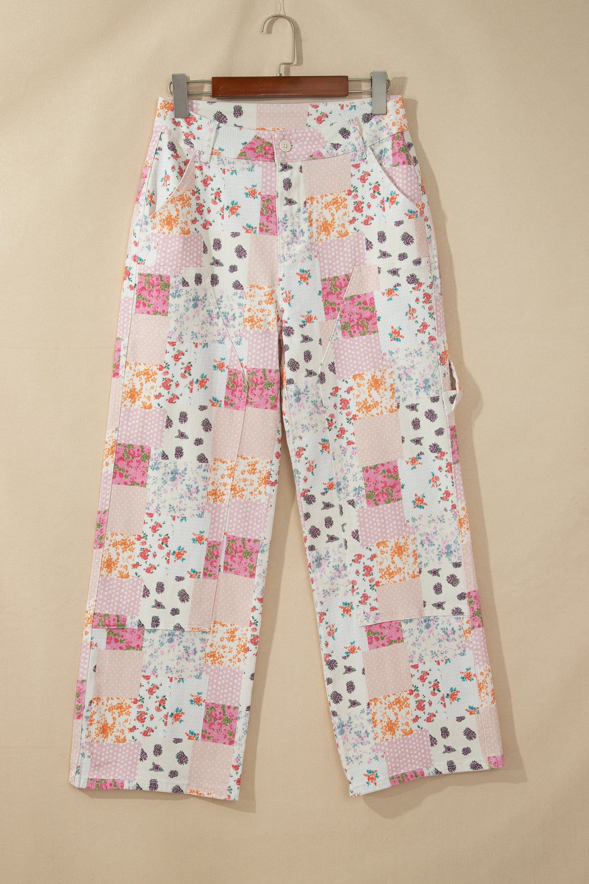 Pink Floral Patchwork Wide Leg Full-Length Jeans
