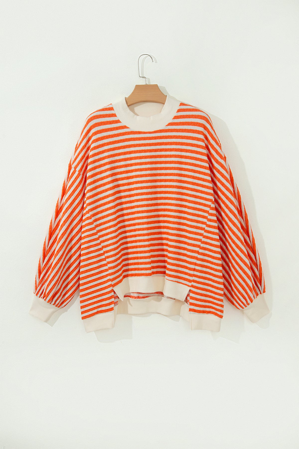 Orange Stripe Striped Textured Stand Neck Oversized Top