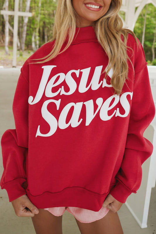 Fiery Red Jesus Saves Slogan Print Stand Neck Sweatshirt